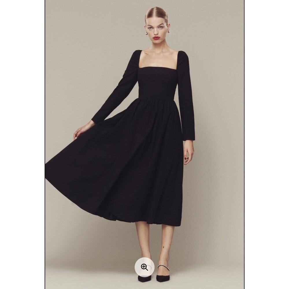 Reformation Elly Dress Black Size 4 Long Sleeve Midi Square Neck Cottagecore